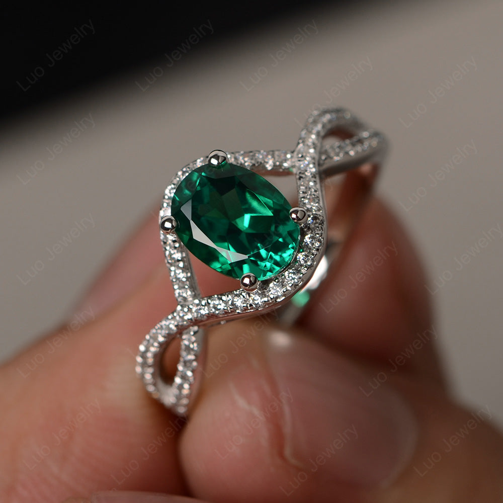 Oval Cut Lab Emerald Ring Twisted Engagement Ring - LUO Jewelry