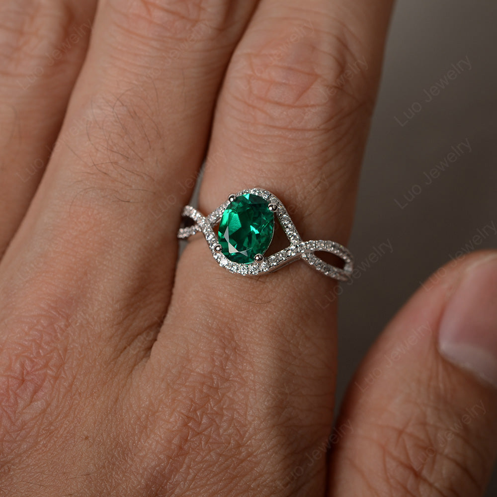 Oval Cut Lab Emerald Ring Twisted Engagement Ring - LUO Jewelry