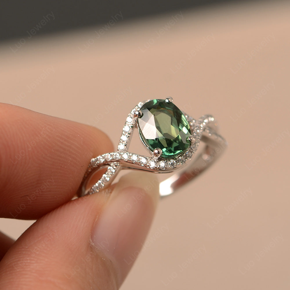 Oval Cut Green Sapphire Ring Twisted Engagement Ring - LUO Jewelry