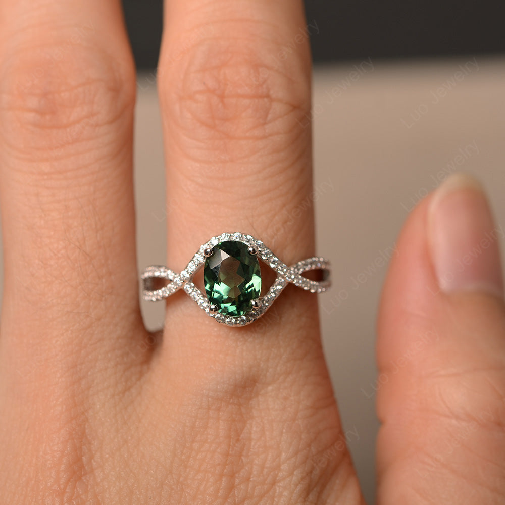 Oval Cut Green Sapphire Ring Twisted Engagement Ring - LUO Jewelry