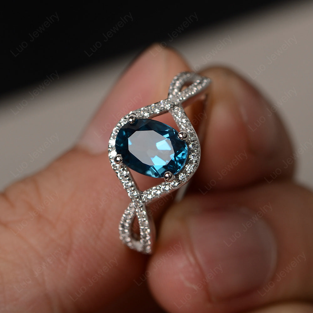 Oval Cut London Blue Topaz Ring Twisted Engagement Ring - LUO Jewelry