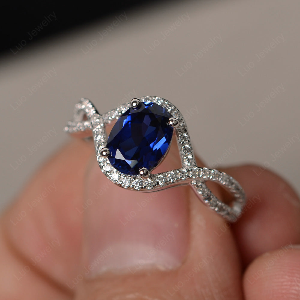 Oval Cut Lab Sapphire Ring Twisted Engagement Ring - LUO Jewelry