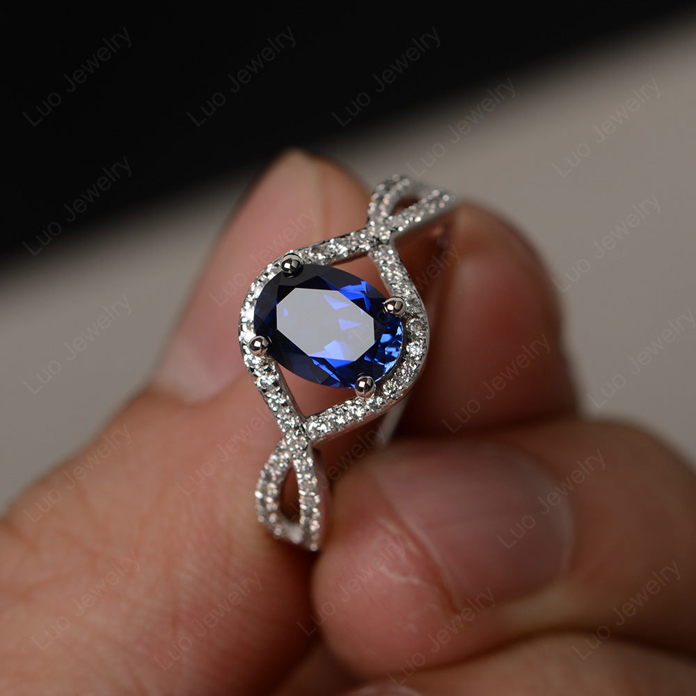 Oval Cut Lab Sapphire Ring Twisted Engagement Ring - LUO Jewelry