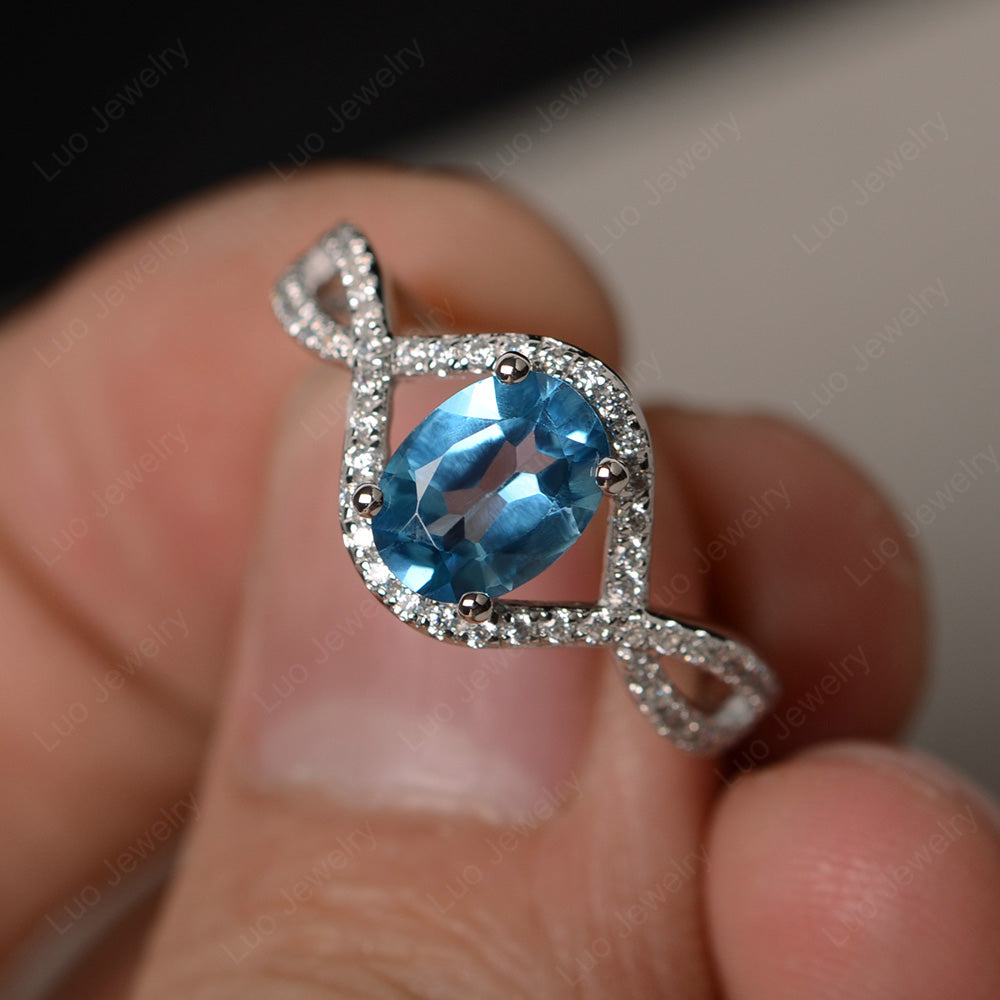 Oval Cut Swiss Blue Topaz Ring Twisted Engagement Ring - LUO Jewelry