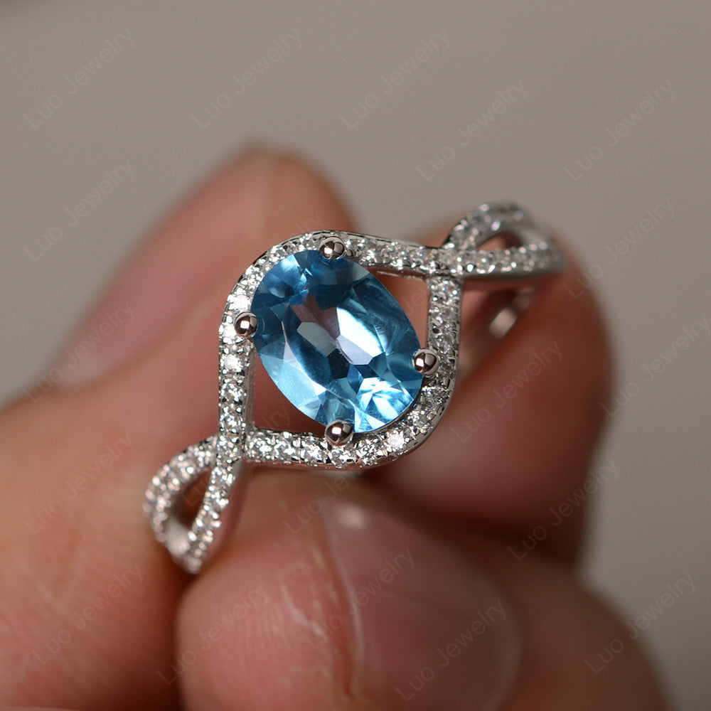 Oval Cut Swiss Blue Topaz Ring Twisted Engagement Ring - LUO Jewelry