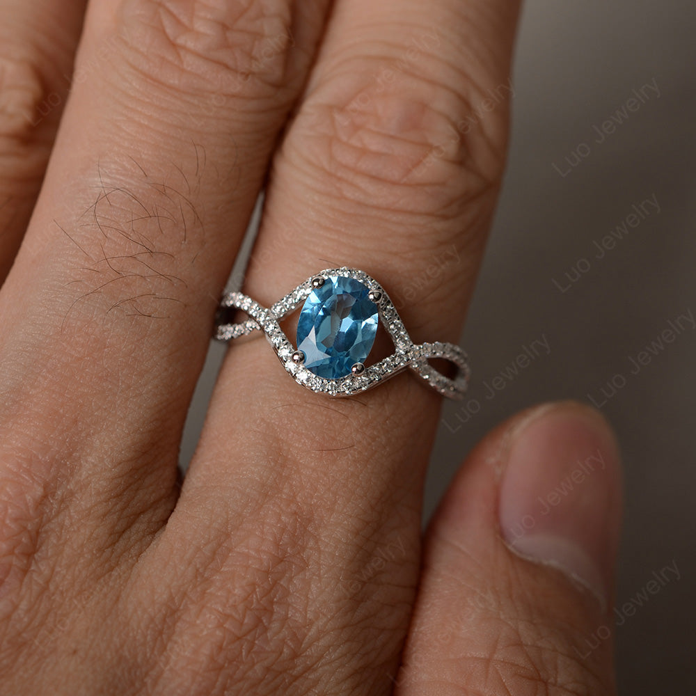 Oval Cut Swiss Blue Topaz Ring Twisted Engagement Ring - LUO Jewelry