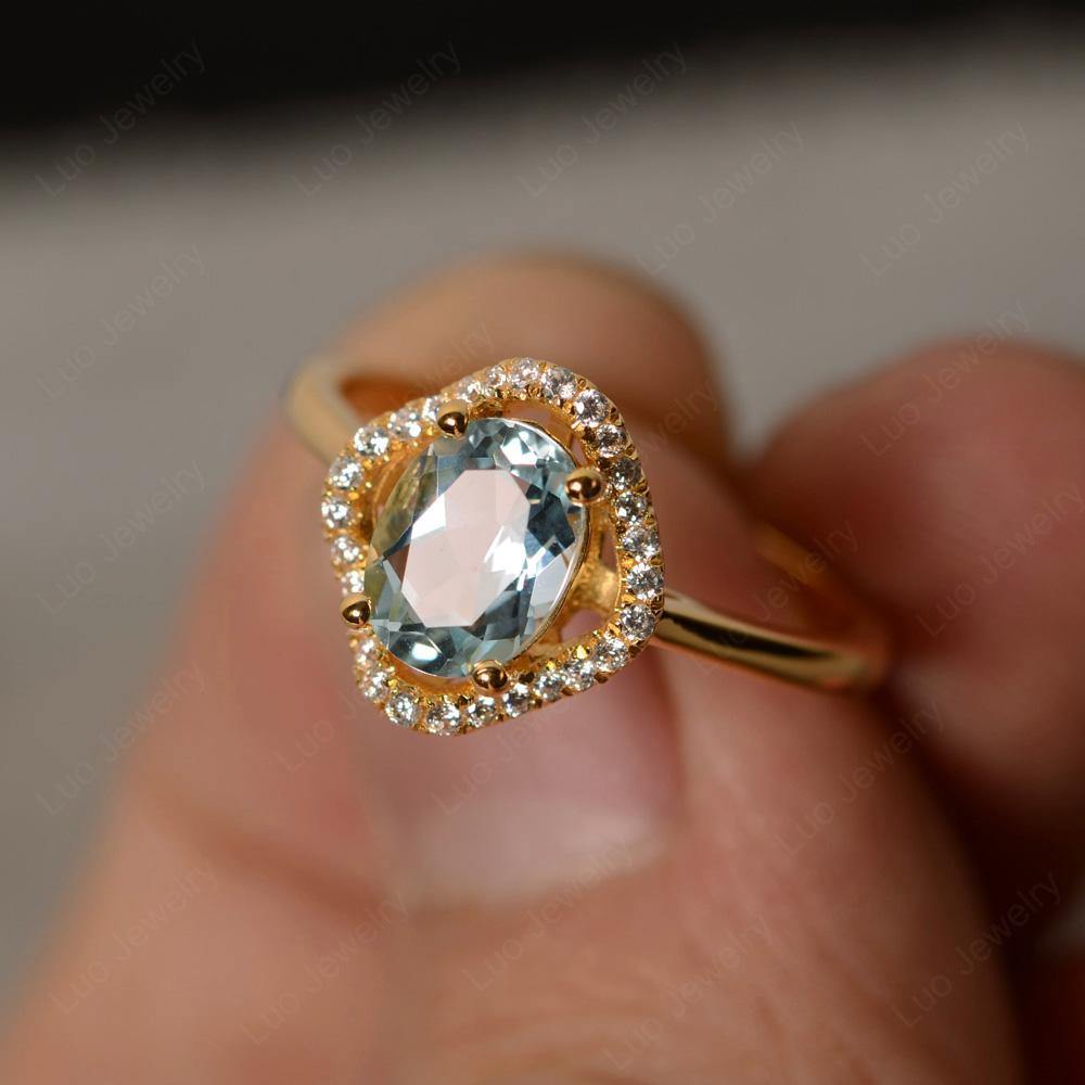 Oval Aquamarine Flower Halo Engagement Ring - LUO Jewelry