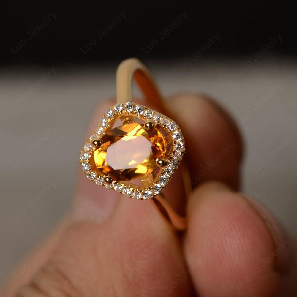 Oval Citrine Flower Halo Engagement Ring - LUO Jewelry