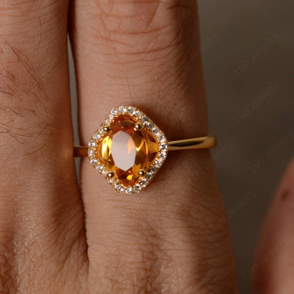 Oval Citrine Flower Halo Engagement Ring - LUO Jewelry