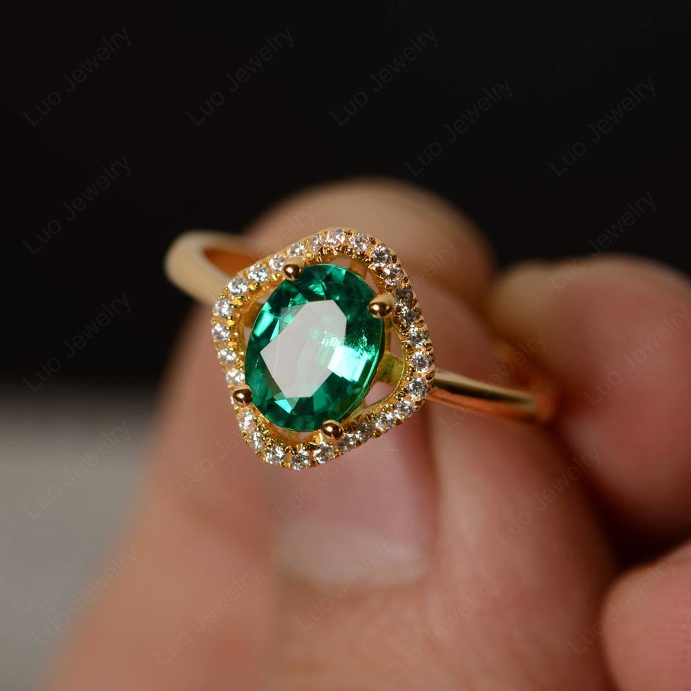 Oval Lab Emerald Flower Halo Engagement Ring - LUO Jewelry