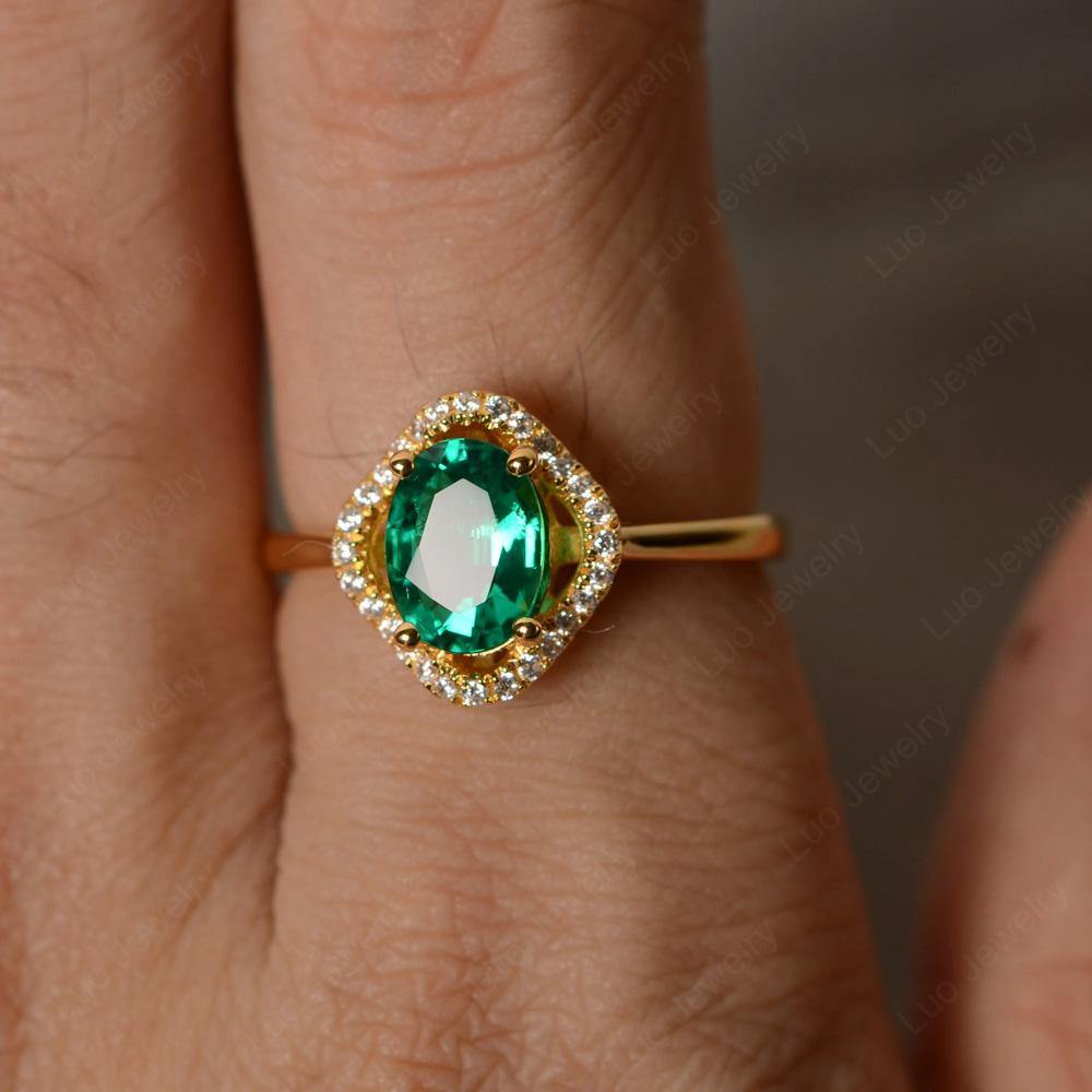 Oval Lab Emerald Flower Halo Engagement Ring - LUO Jewelry