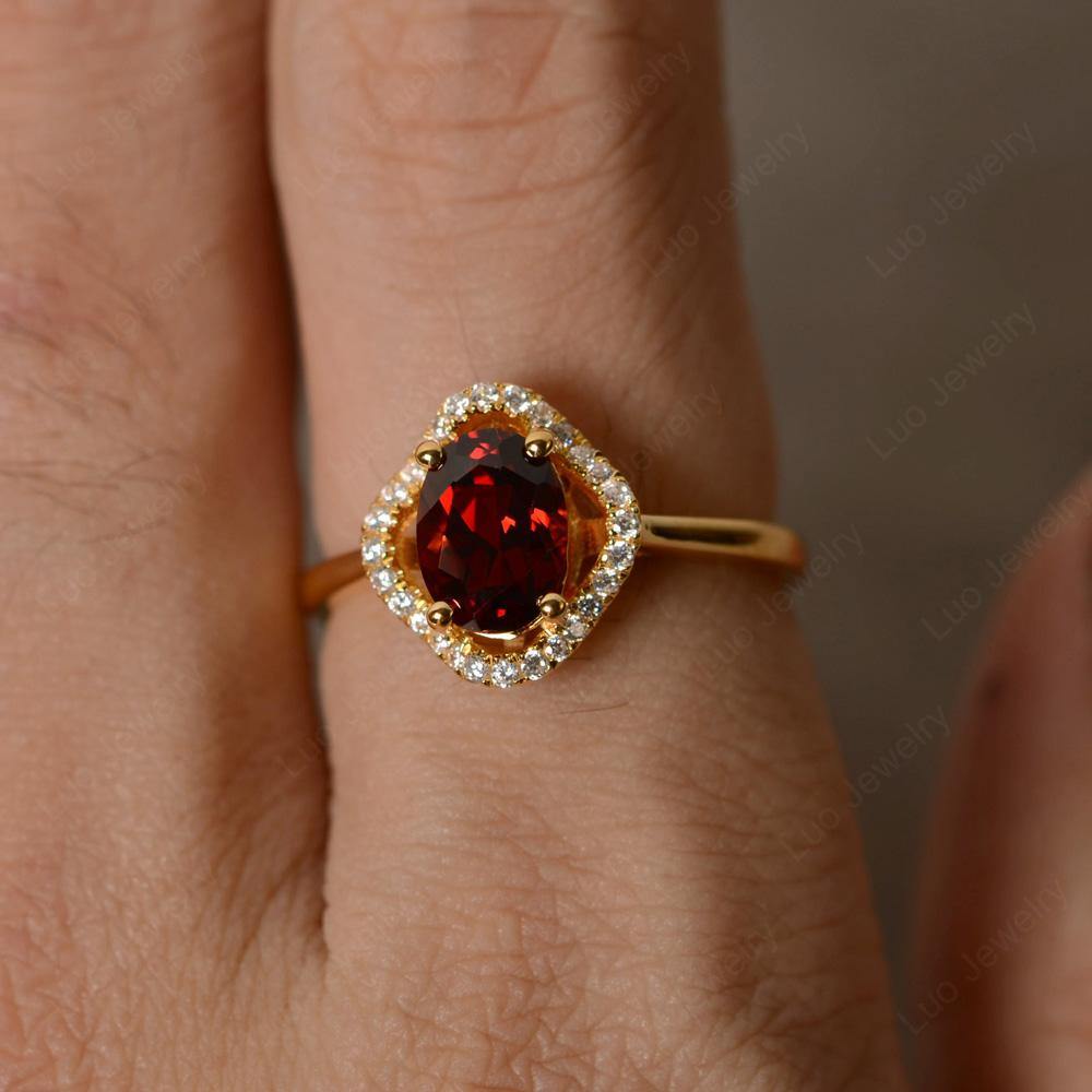 Oval Garnet Flower Halo Engagement Ring - LUO Jewelry