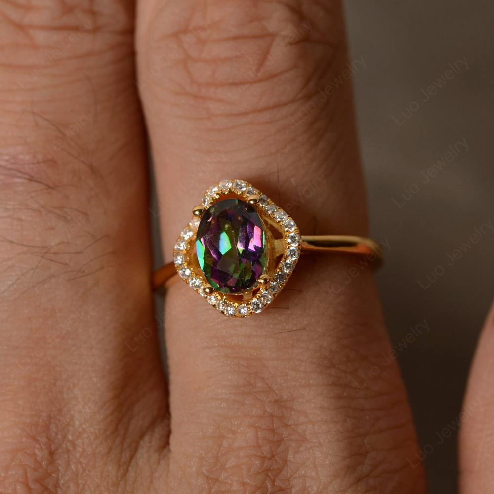Oval Mystic Topaz Flower Halo Engagement Ring - LUO Jewelry