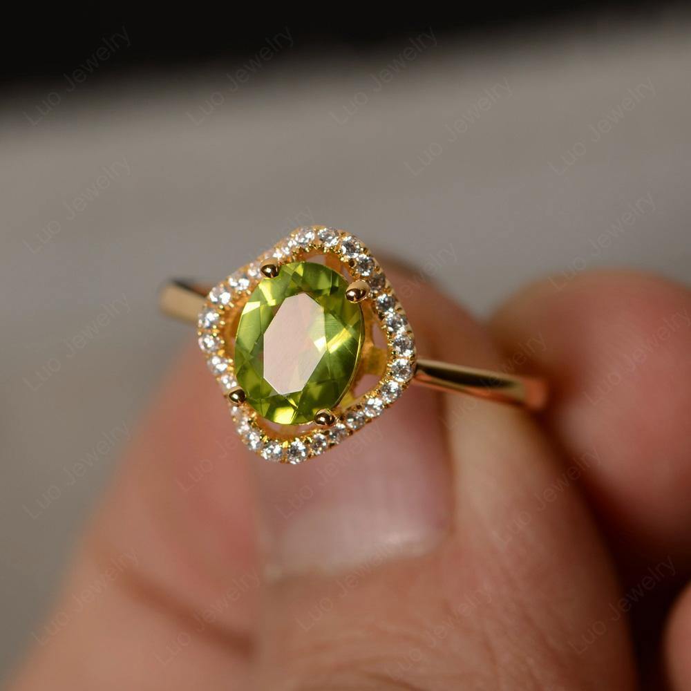 Oval Peridot Flower Halo Engagement Ring - LUO Jewelry