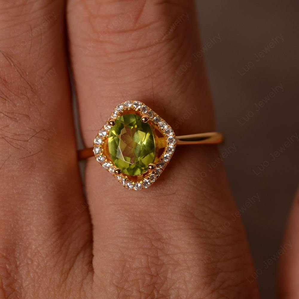 Oval Peridot Flower Halo Engagement Ring - LUO Jewelry