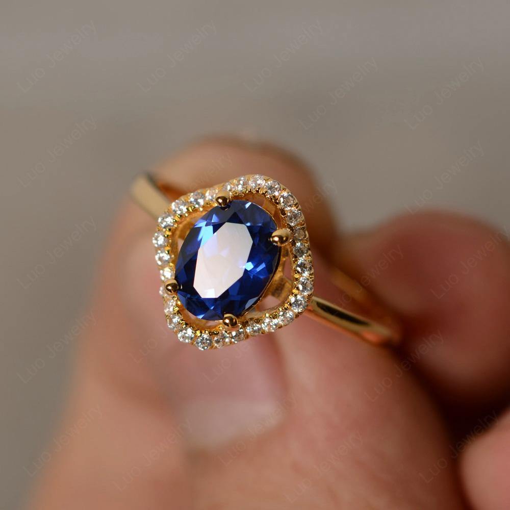 Oval Lab Sapphire Flower Halo Engagement Ring - LUO Jewelry
