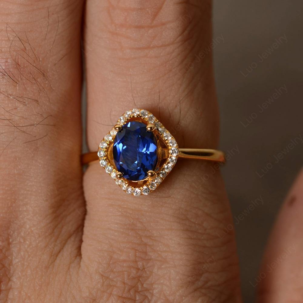 Oval Lab Sapphire Flower Halo Engagement Ring - LUO Jewelry