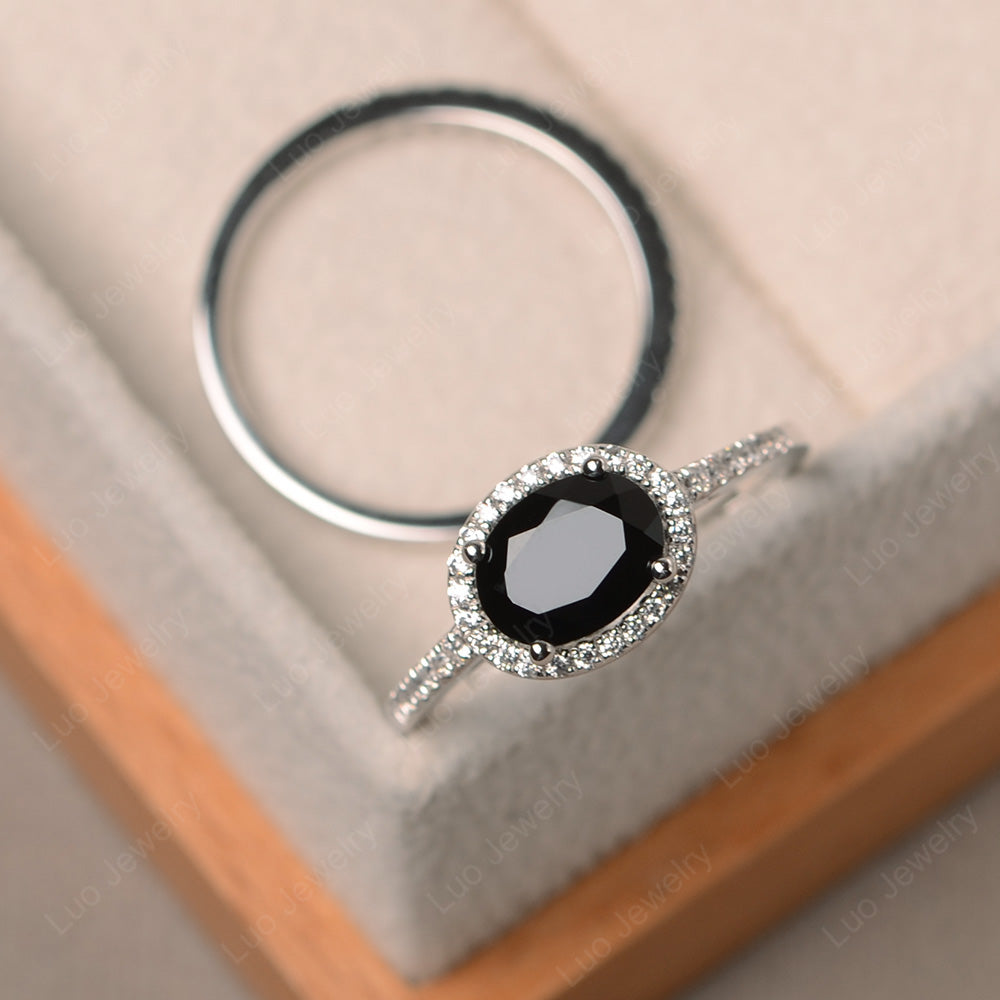 Oval Black Spinel Engagement Ring With Wedding Band - LUO Jewelry