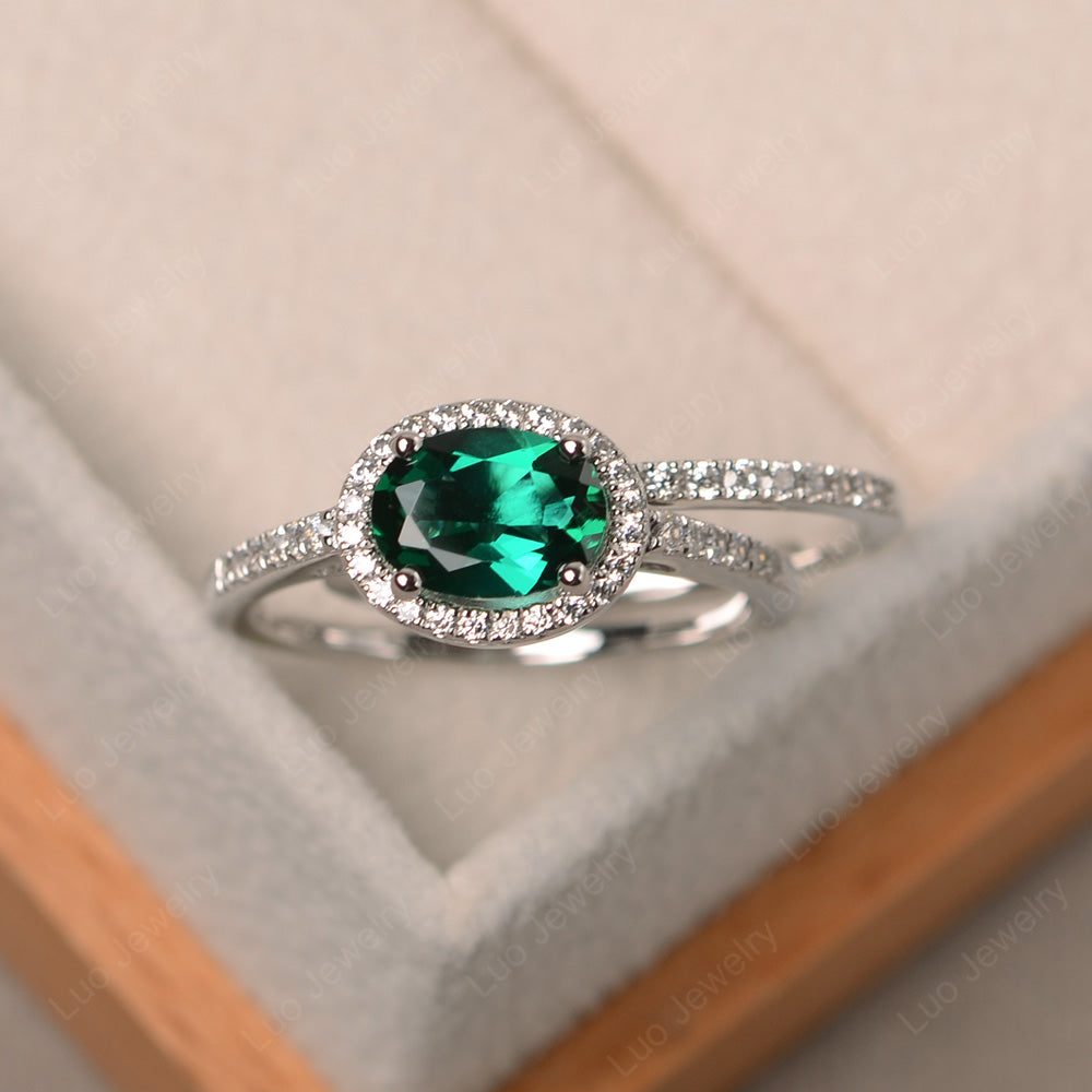 Oval Lab Emerald Engagement Ring With Wedding Band - LUO Jewelry