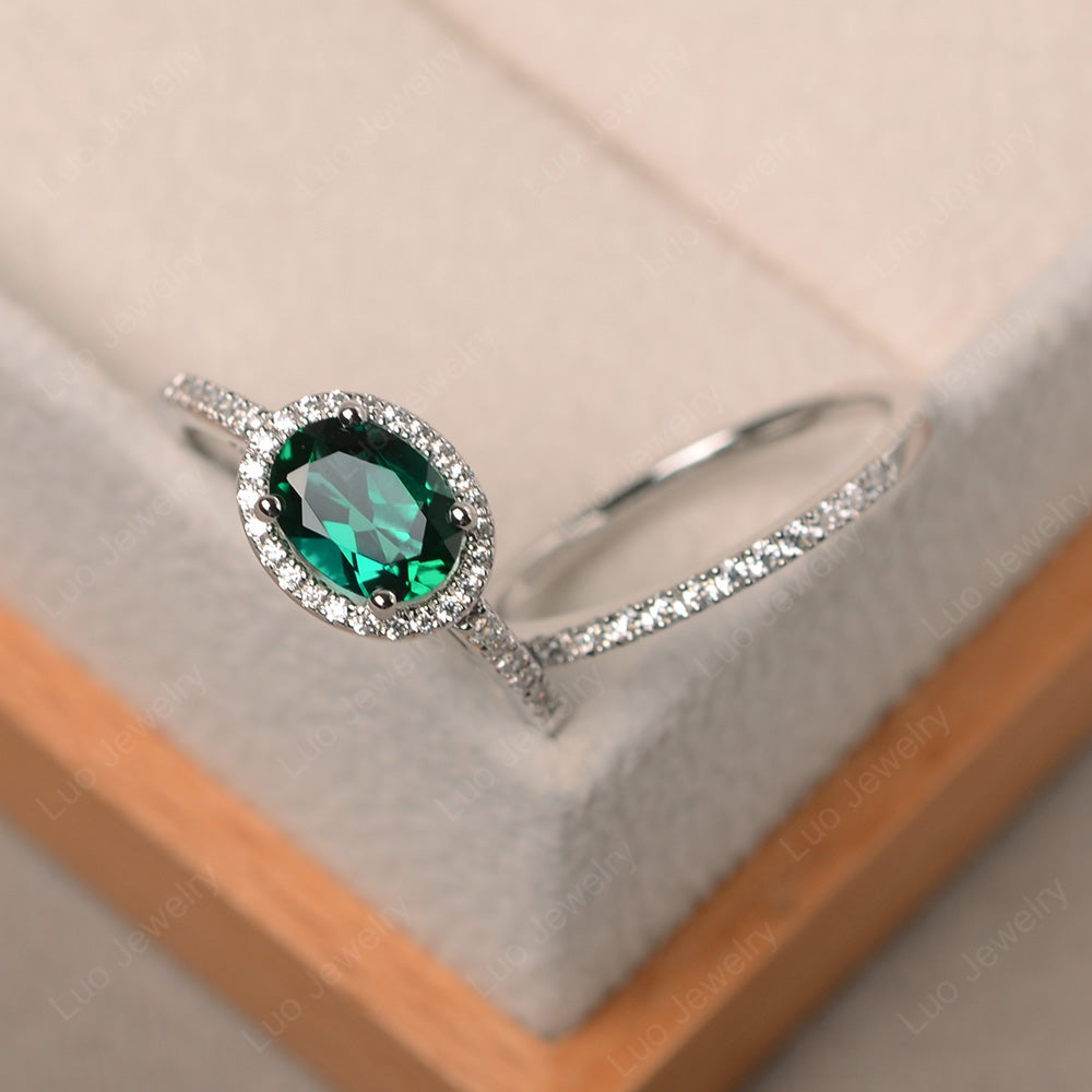 Oval Lab Emerald Engagement Ring With Wedding Band - LUO Jewelry