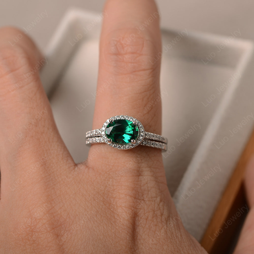 Oval Lab Emerald Engagement Ring With Wedding Band - LUO Jewelry