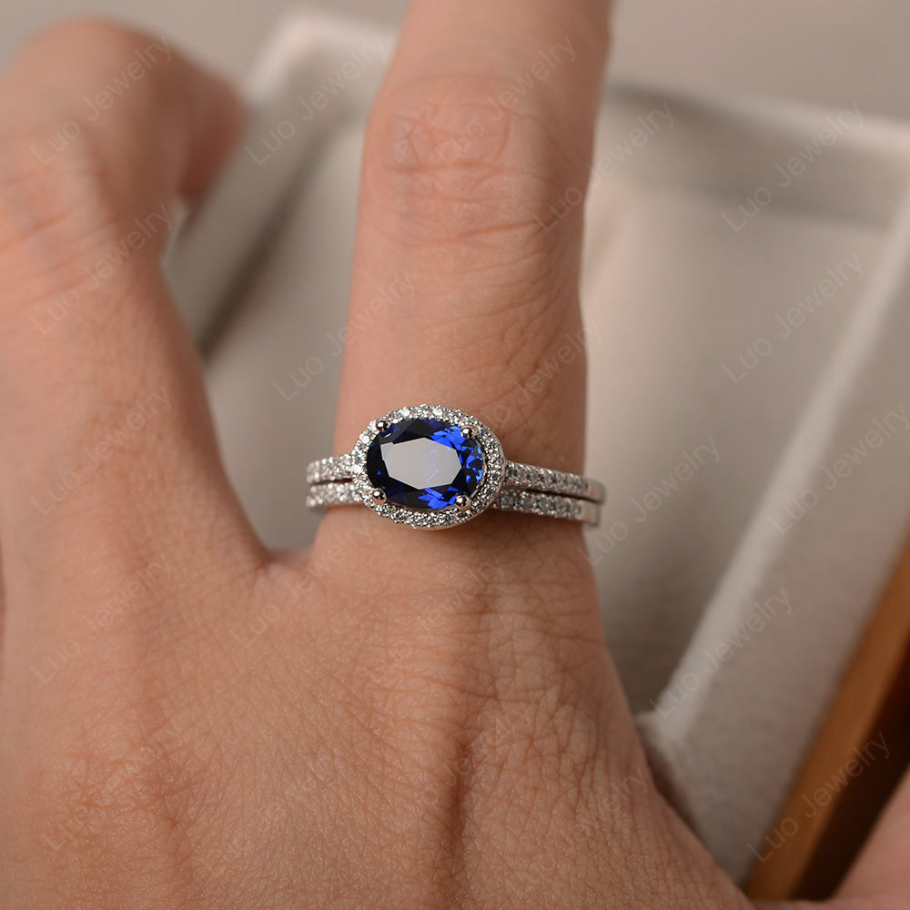 Oval Lab Sapphire Engagement Ring With Wedding Band - LUO Jewelry