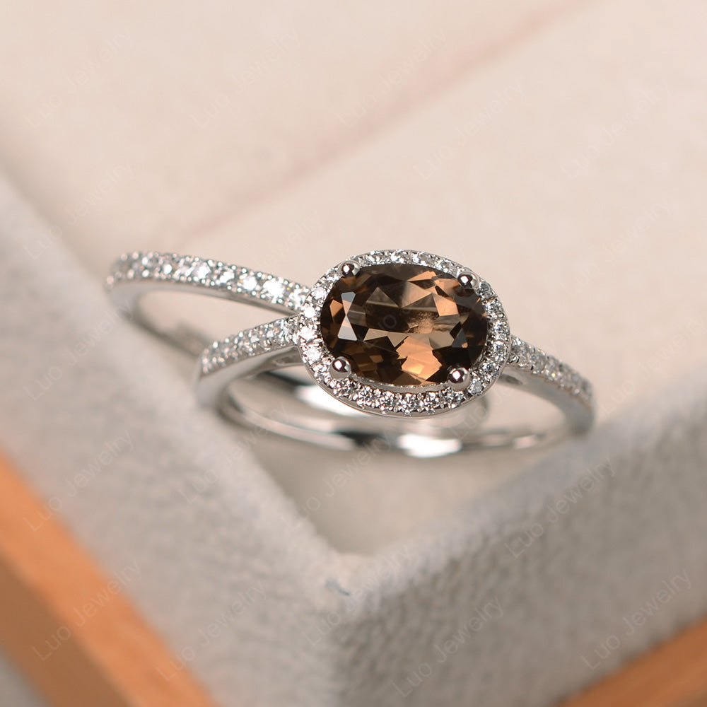 Oval Smoky Quartz  Engagement Ring With Wedding Band - LUO Jewelry