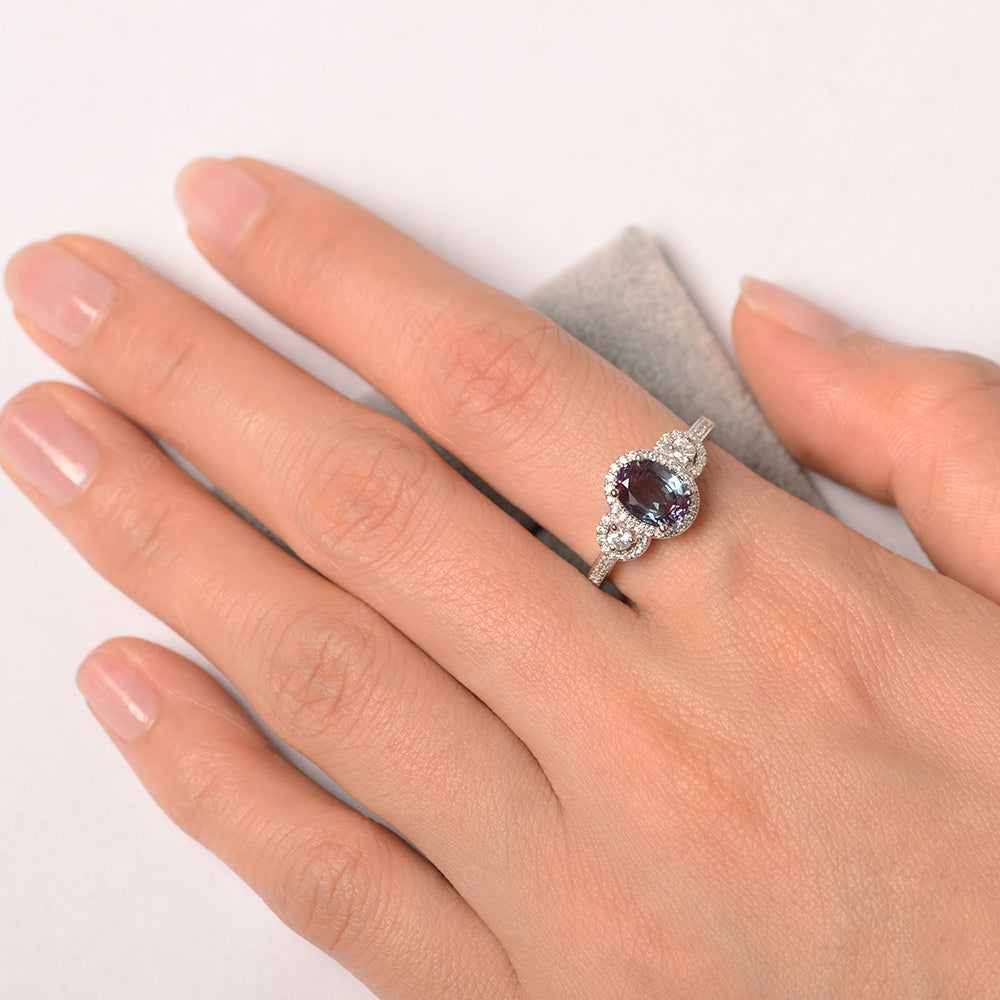 Oval Alexandrite Ring Halo Engagement Ring - LUO Jewelry