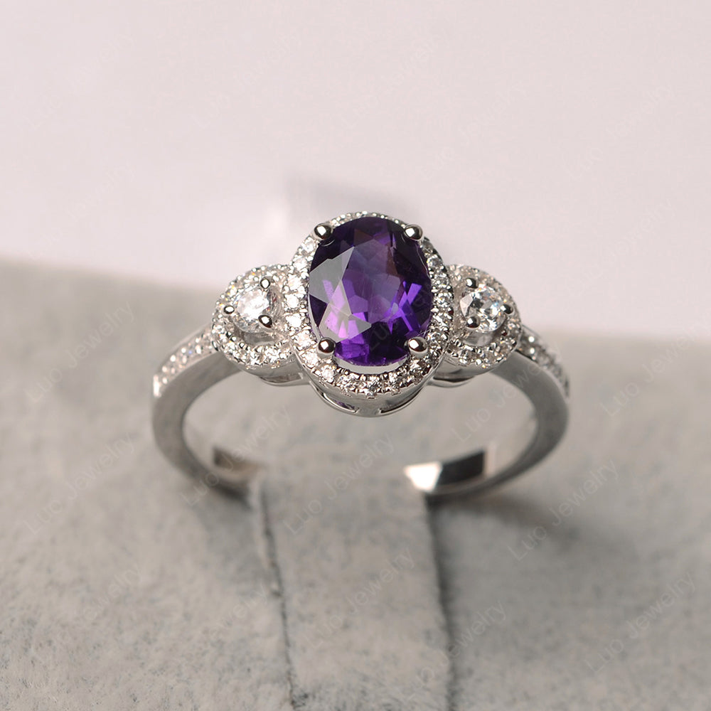 Oval Amethyst Ring Halo Engagement Ring - LUO Jewelry