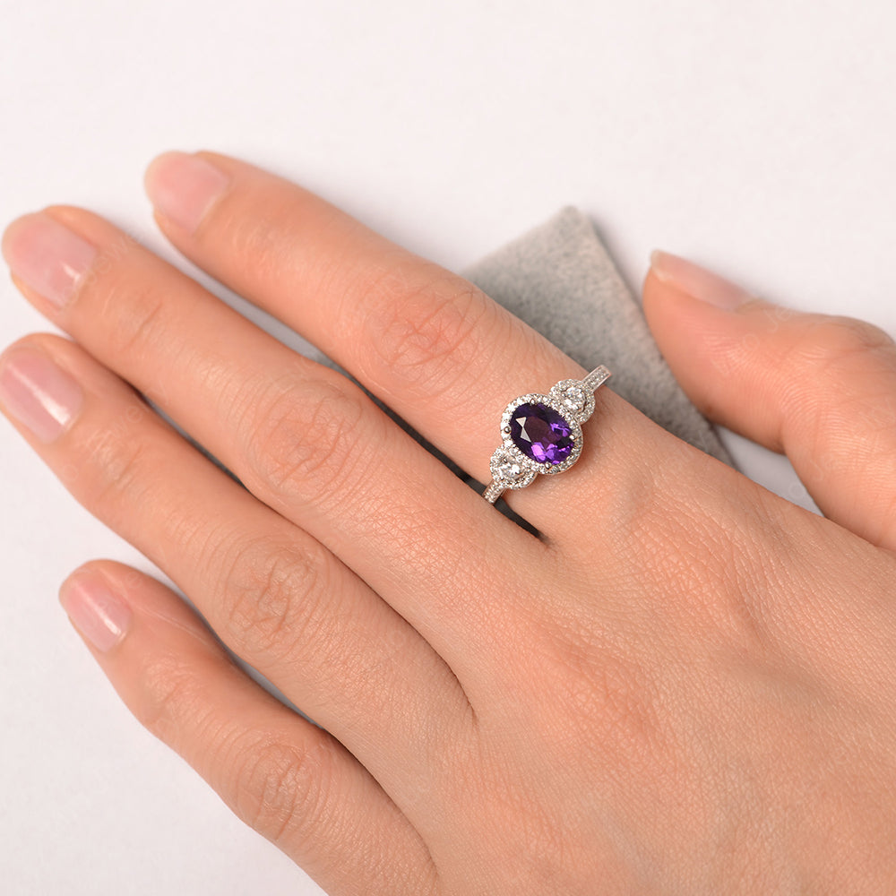 Oval Amethyst Ring Halo Engagement Ring - LUO Jewelry