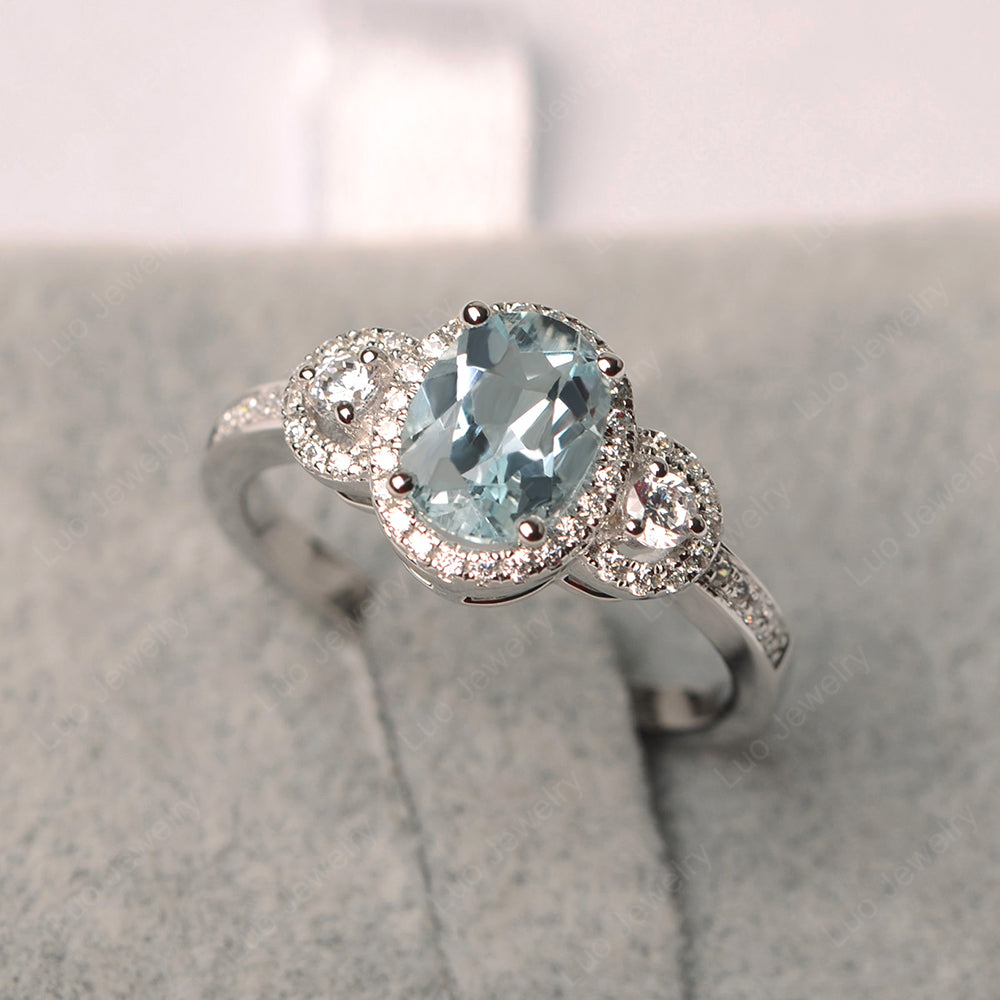 Oval Aquamarine Ring Halo Engagement Ring - LUO Jewelry