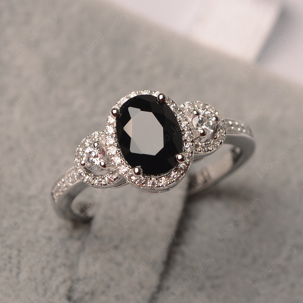 Oval Black Stone Ring Halo Engagement Ring - LUO Jewelry