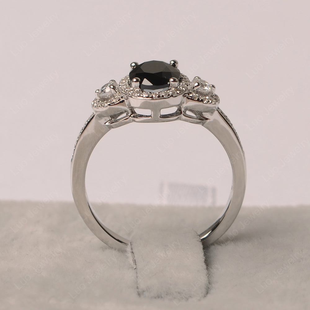 Oval Black Stone Ring Halo Engagement Ring - LUO Jewelry