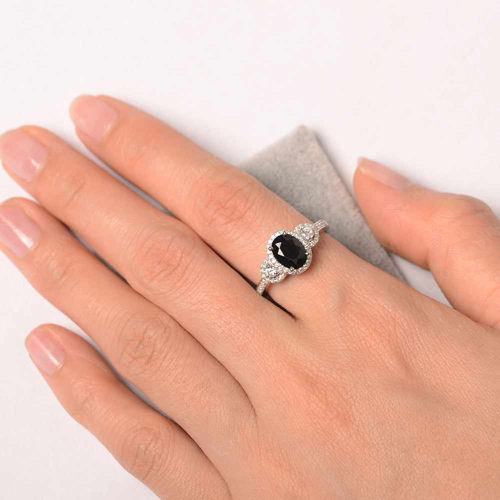 Oval Black Stone Ring Halo Engagement Ring - LUO Jewelry