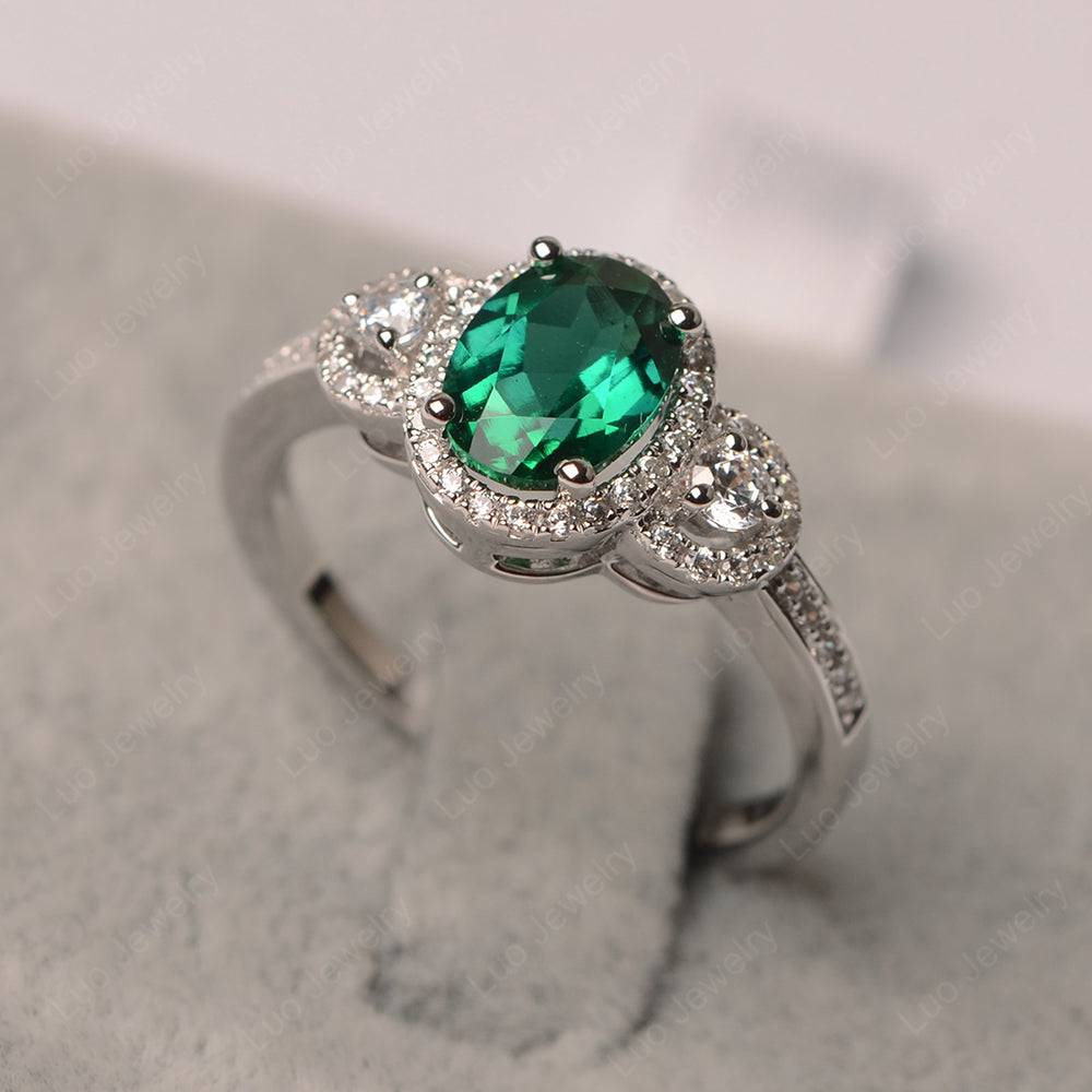 Oval Lab Emerald Ring Halo Engagement Ring - LUO Jewelry