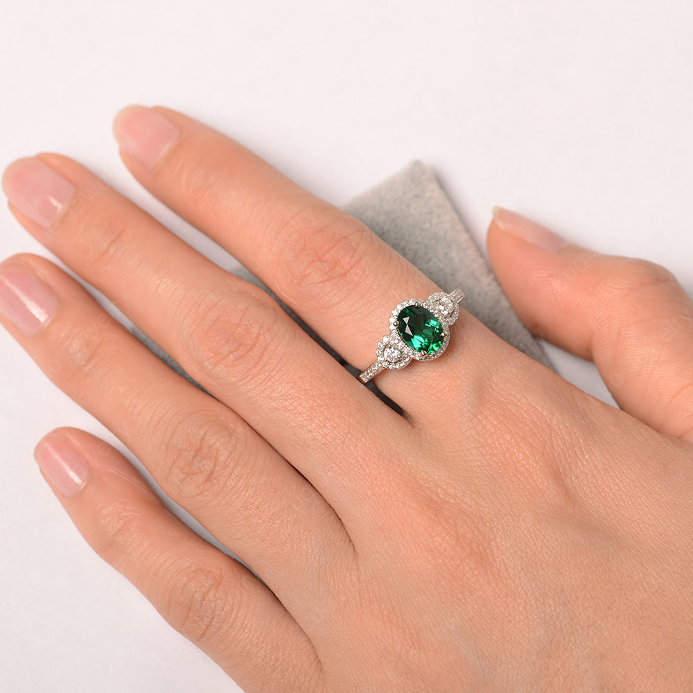 Oval Lab Emerald Ring Halo Engagement Ring - LUO Jewelry