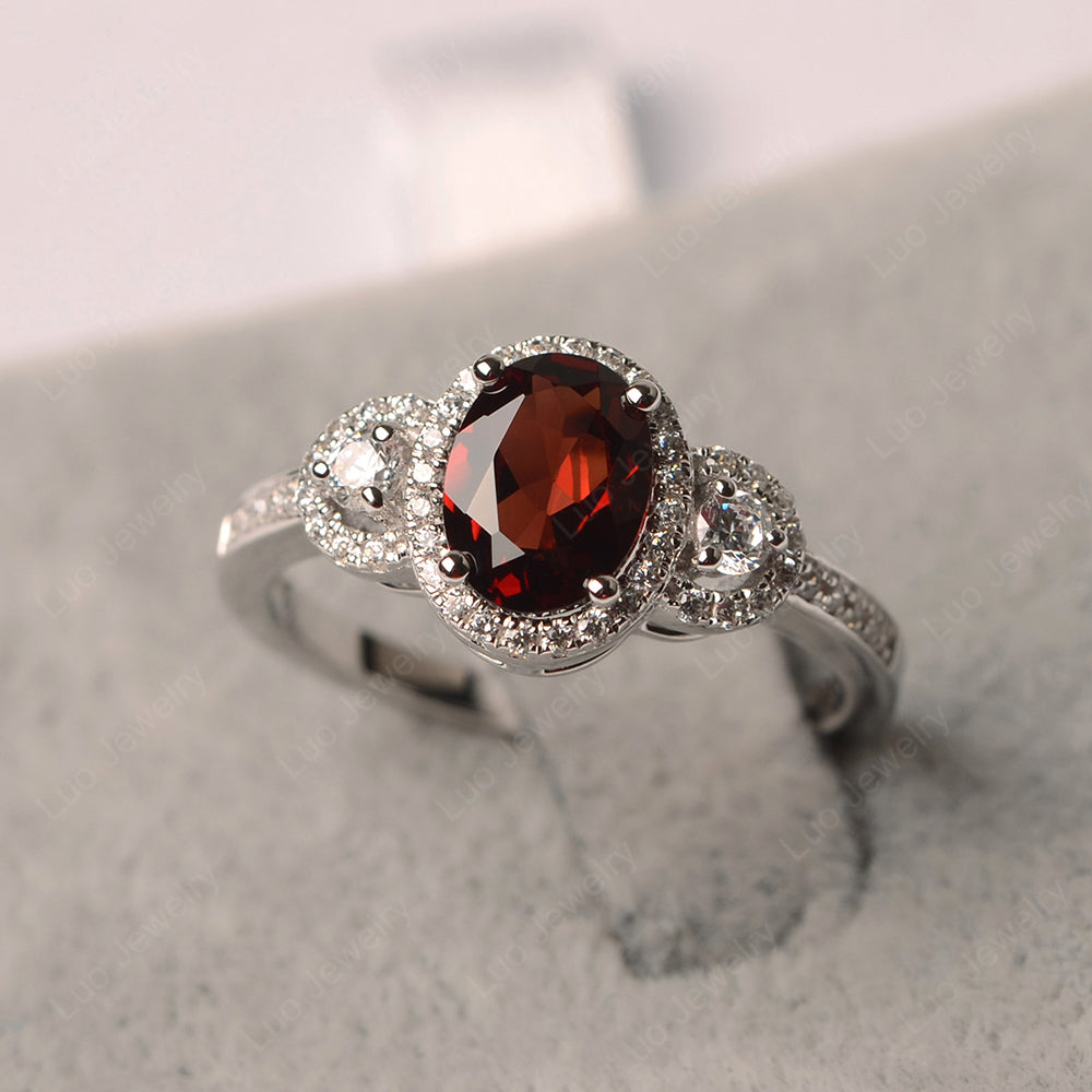 Oval Garnet Ring Halo Engagement Ring - LUO Jewelry