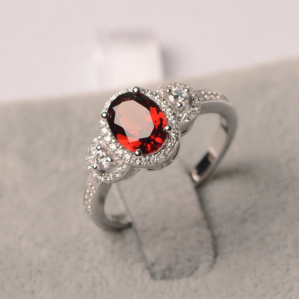 Oval Garnet Ring Halo Engagement Ring - LUO Jewelry