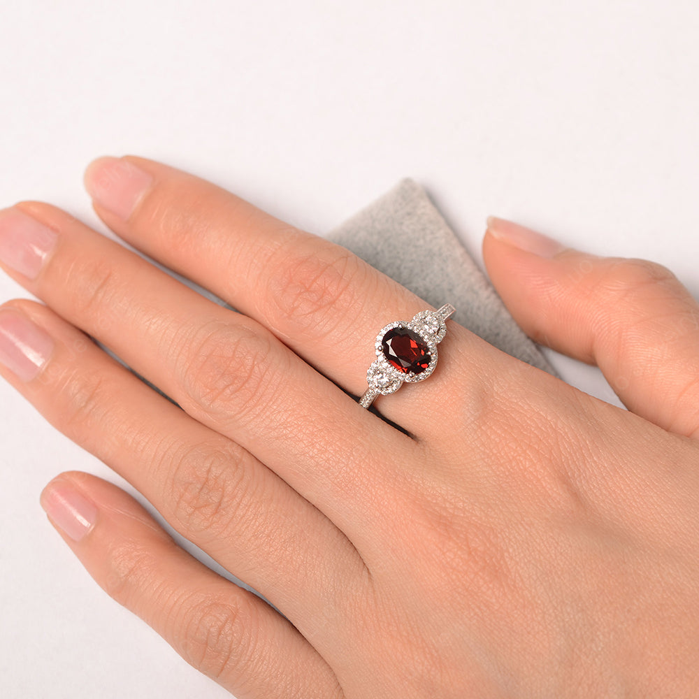 Oval Garnet Ring Halo Engagement Ring - LUO Jewelry