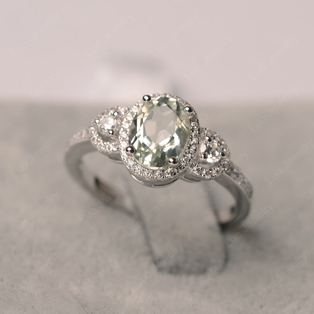 Oval Green Amethyst Ring Halo Engagement Ring - LUO Jewelry