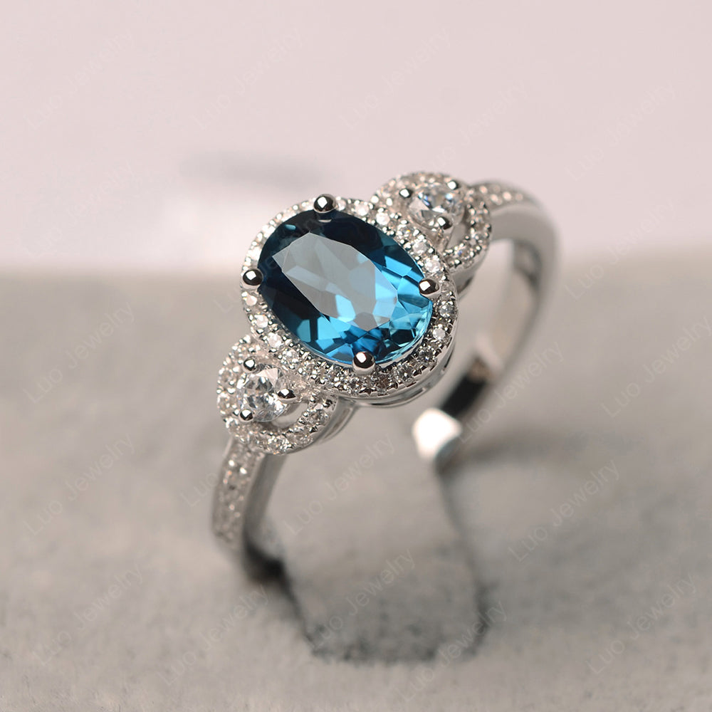 Oval London Blue Topaz Ring Halo Engagement Ring - LUO Jewelry