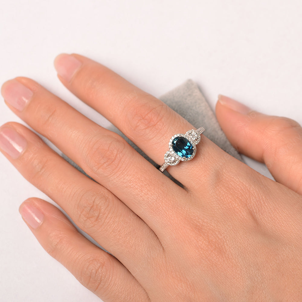 Oval London Blue Topaz Ring Halo Engagement Ring - LUO Jewelry