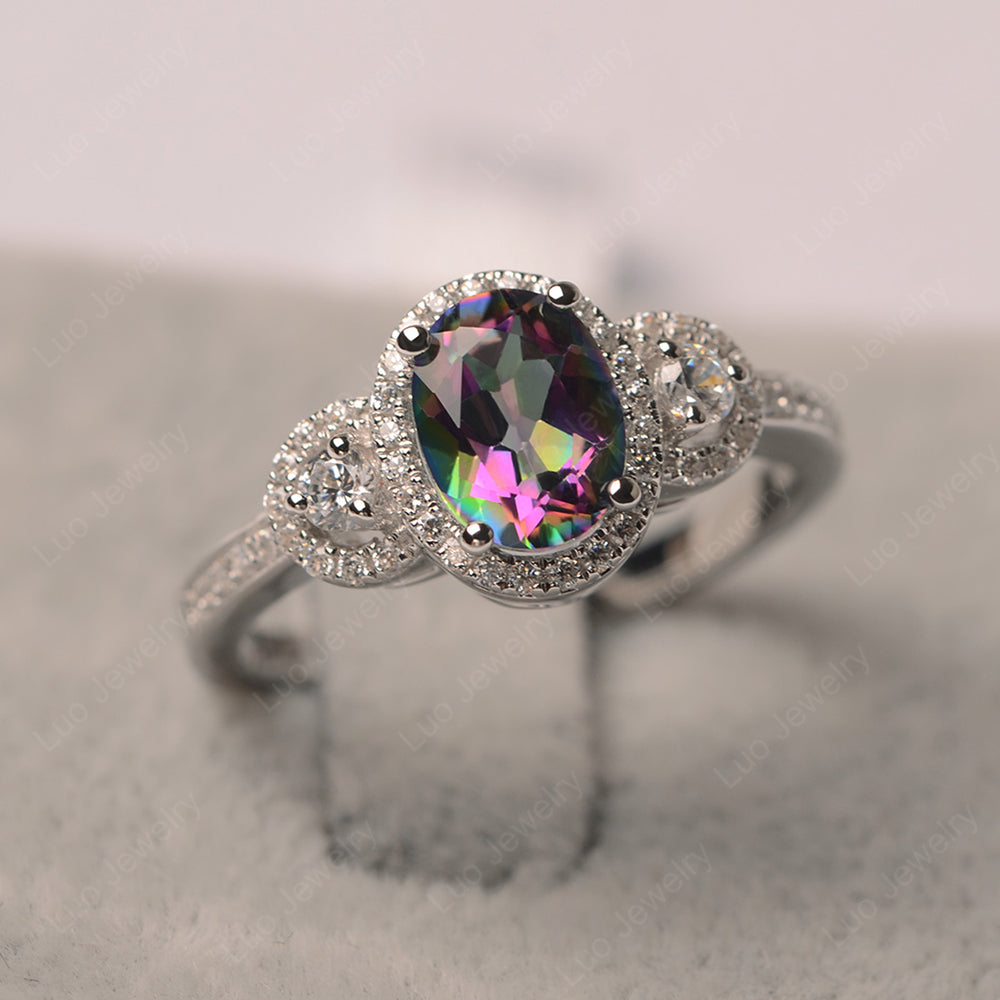 Oval Mystic Topaz Ring Halo Engagement Ring - LUO Jewelry