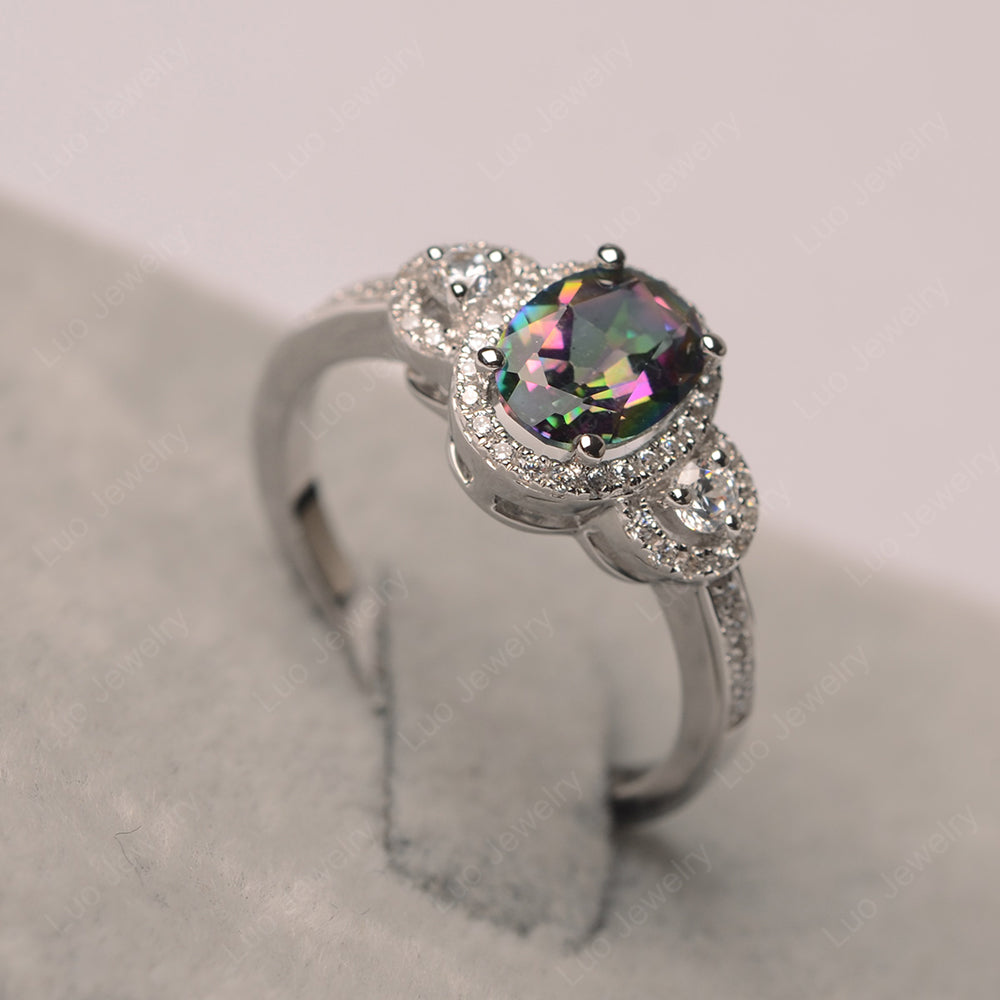 Oval Mystic Topaz Ring Halo Engagement Ring - LUO Jewelry