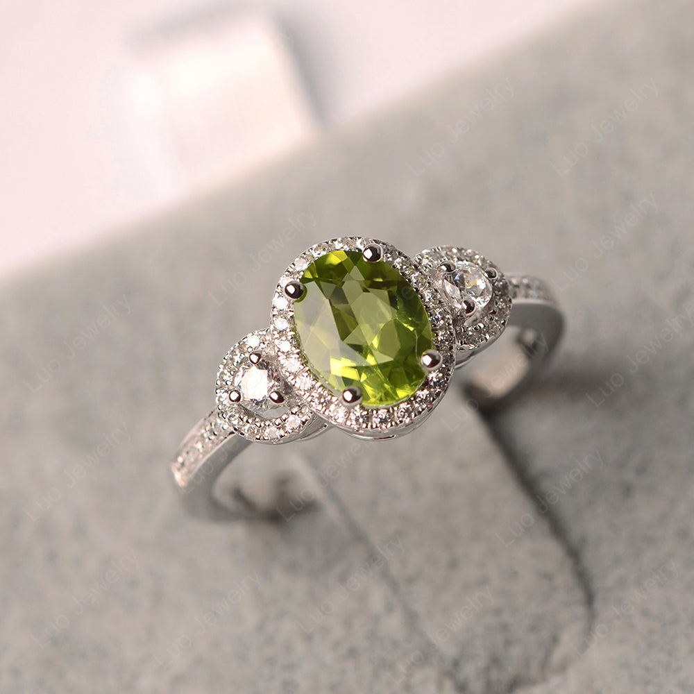 Oval Peridot Ring Halo Engagement Ring - LUO Jewelry