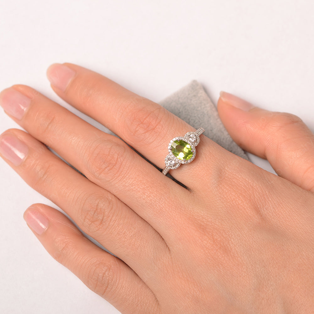 Oval Peridot Ring Halo Engagement Ring - LUO Jewelry