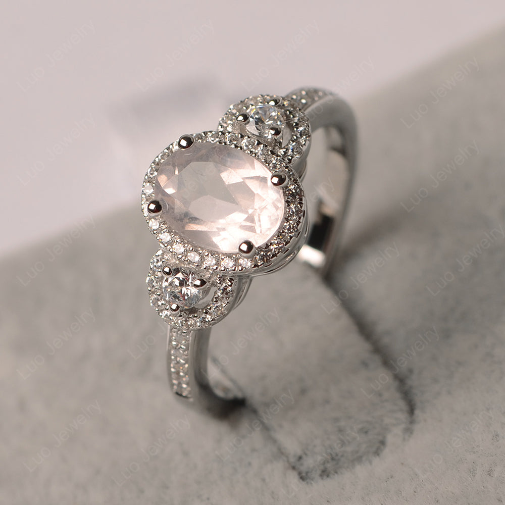 Oval Rose Quartz Ring Halo Engagement Ring - LUO Jewelry