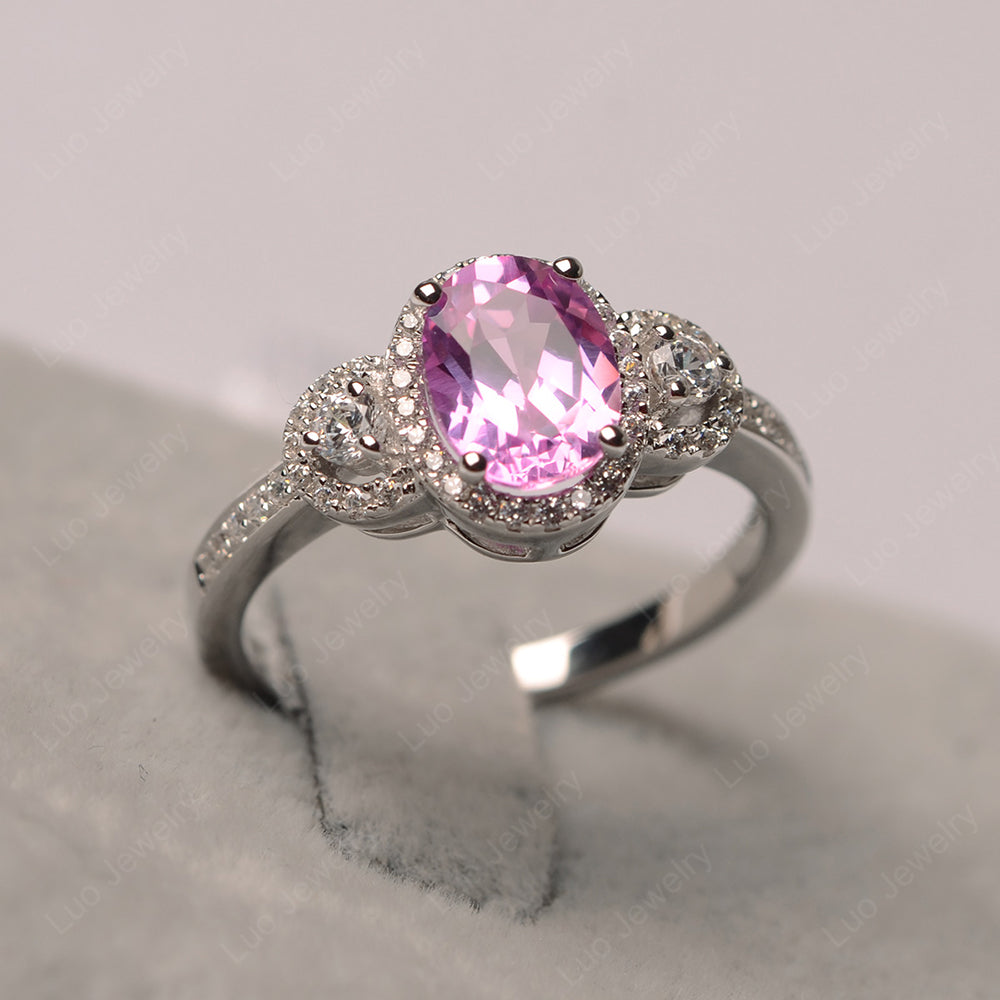 Oval Pink Sapphire Ring Halo Engagement Ring - LUO Jewelry