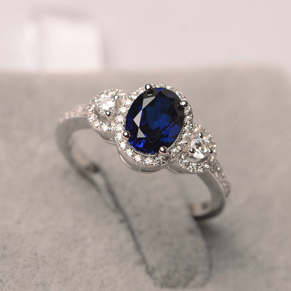 Oval Lab Sapphire Ring Halo Engagement Ring - LUO Jewelry