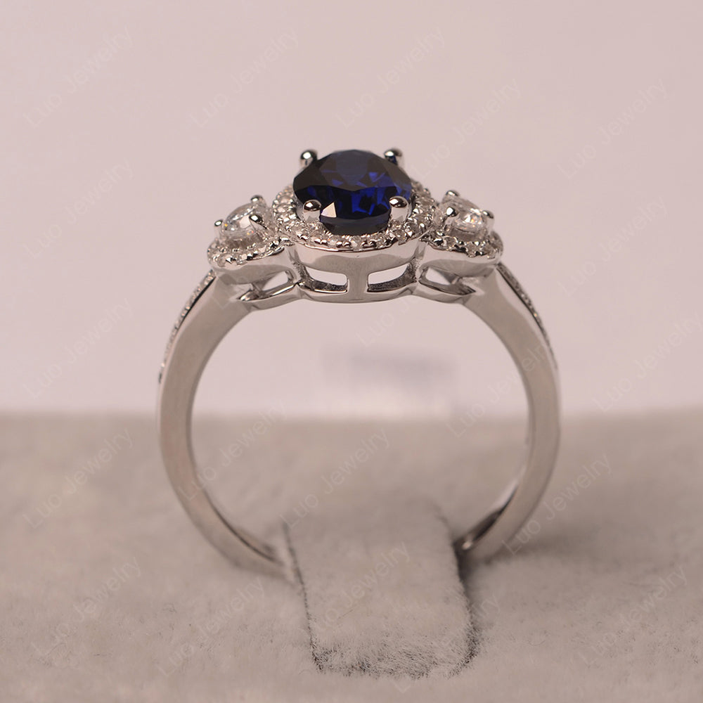 Oval Lab Sapphire Ring Halo Engagement Ring - LUO Jewelry
